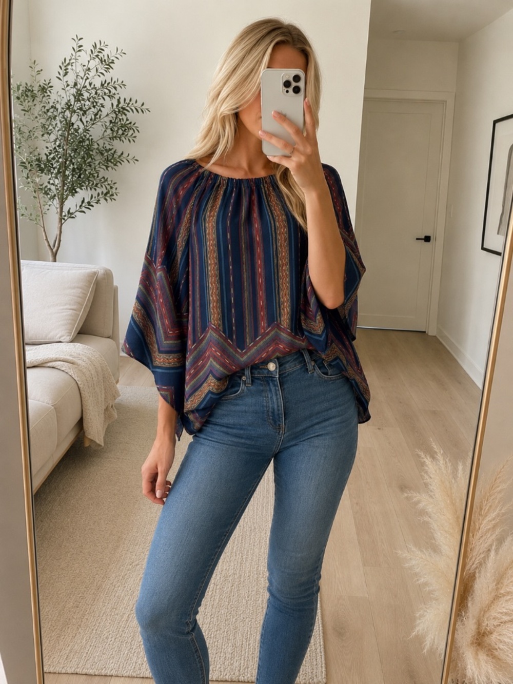 Cocomo Blue Striped Bell Sleeve Boho Blouse Small